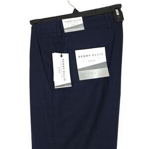 Perry Ellis Portfolio Men's Slim-Fit Stretch Dress Pants Navy Plaid 34x32 NWT